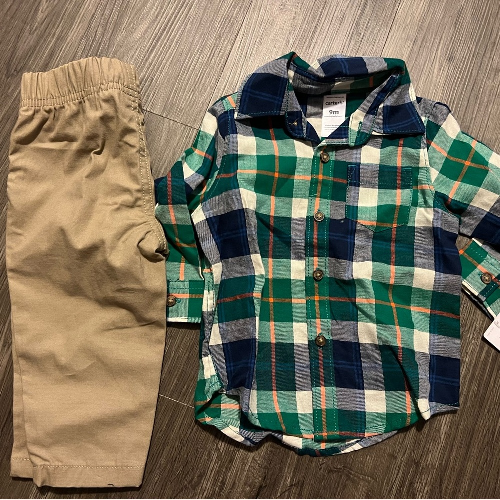 Cartiers - Plaid Long Sleeve Button Up with Khaki pants - 9M